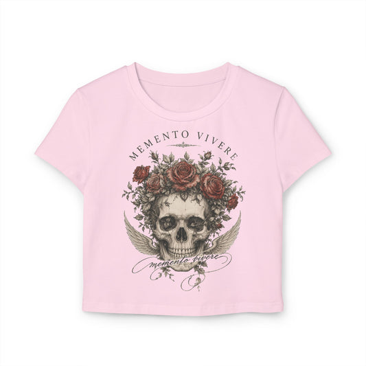 Distressed skull crowned with red roses on a cropped organic cotton baby tee