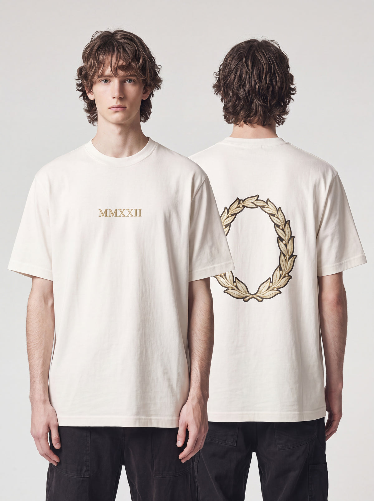 Unisex Heavyweight 6.1 oz Cotton Boxy Fit T-Shirt featuring roman bust gold laurel wreath Graphic - Garment Detail Close-up View