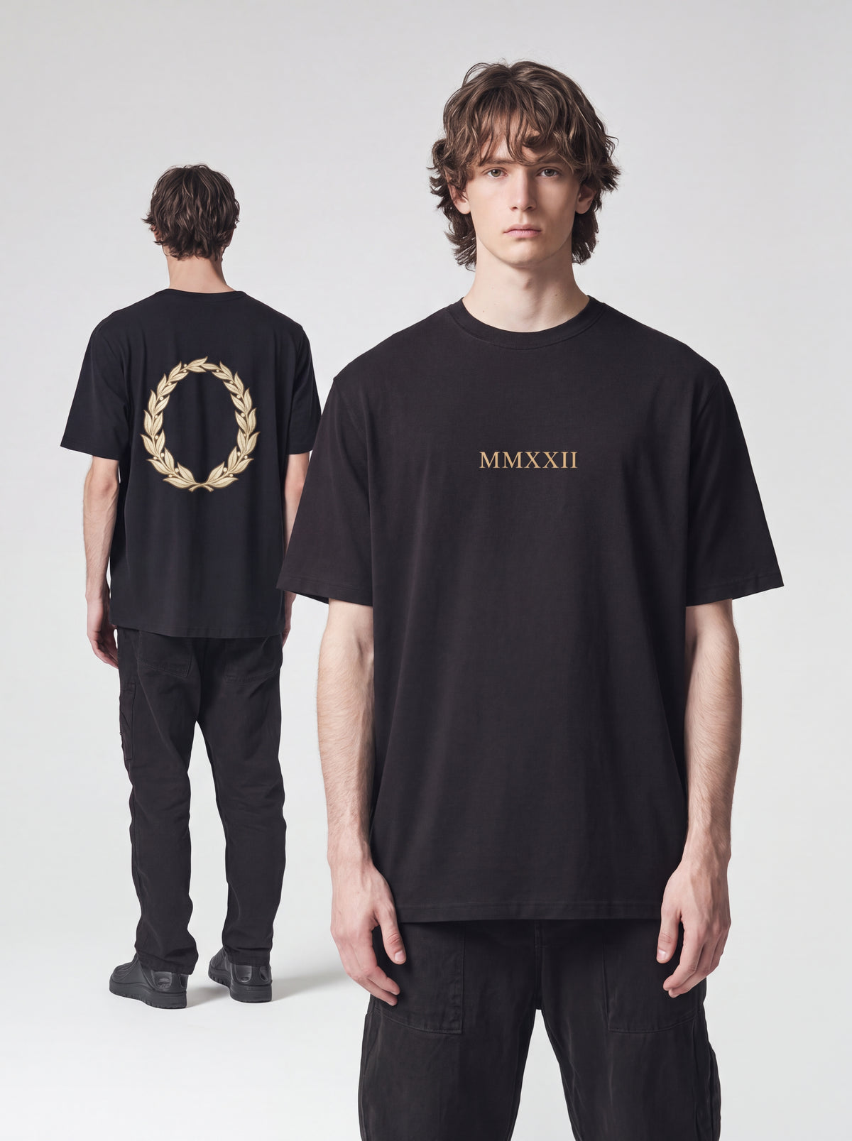 Unisex Heavyweight 6.1 oz Cotton Boxy Fit T-Shirt featuring roman bust gold laurel wreath Graphic - Editorial Dual Male Model Lookbook Front and Back View