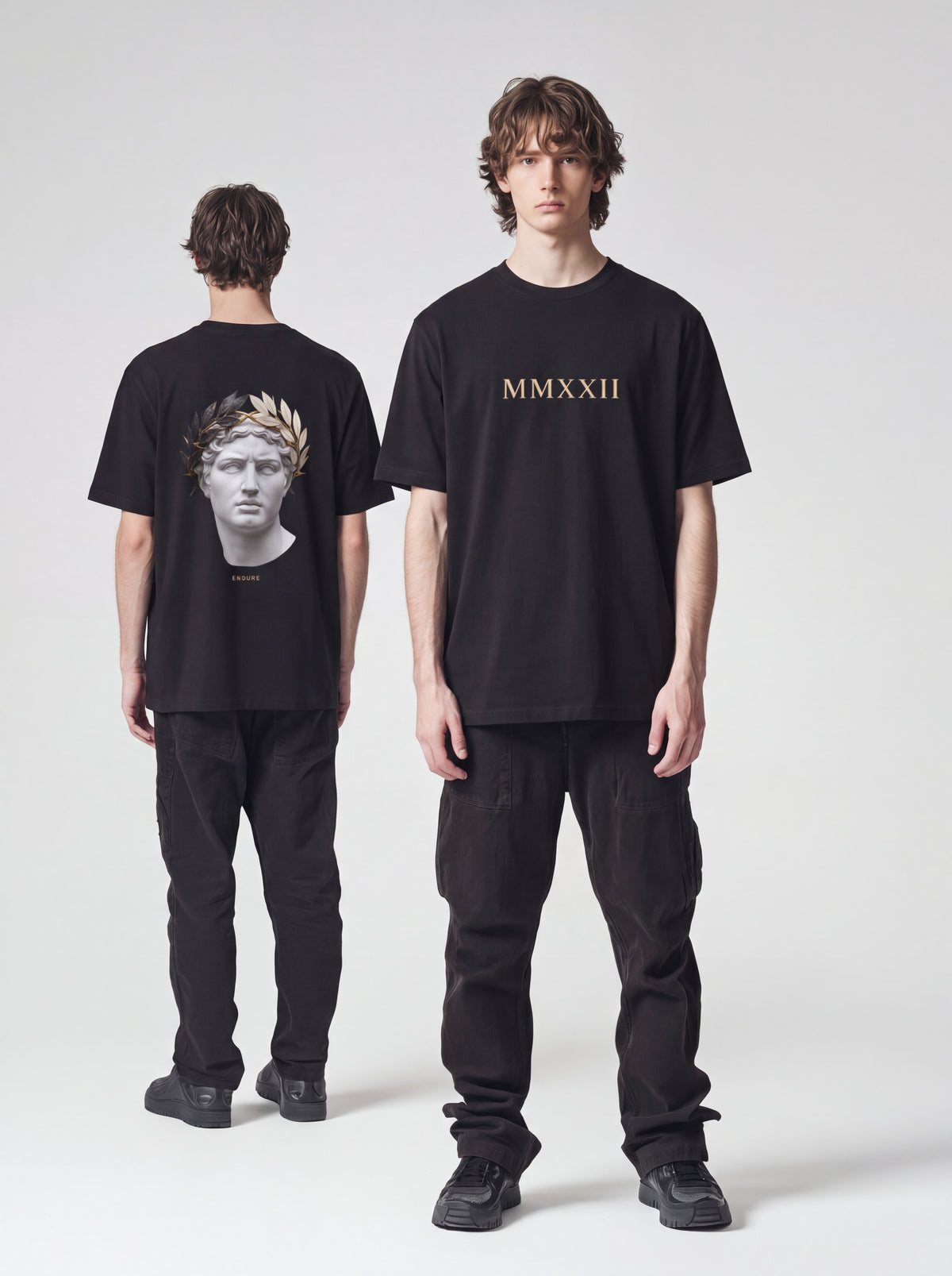 Unisex Heavyweight 6.1 oz Cotton Boxy Fit T-Shirt featuring roman bust gold laurel wreath Graphic - Editorial Dual Male Model Lookbook Front and Back View