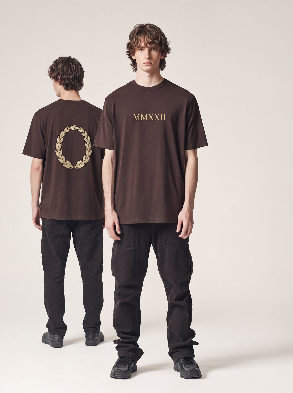 Unisex Heavyweight 6.1 oz Cotton Boxy Fit T-Shirt featuring roman bust gold laurel wreath Graphic - Editorial Dual Male Model Lookbook Front and Back View