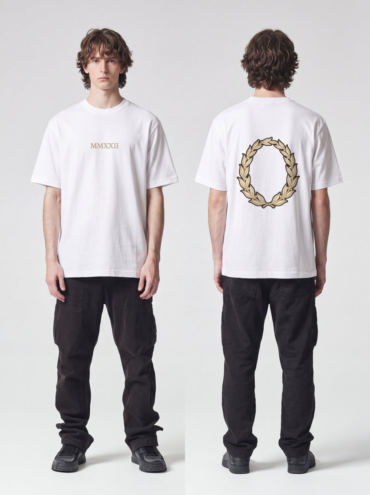 Unisex Heavyweight 6.1 oz Cotton Boxy Fit T-Shirt featuring roman bust gold laurel wreath Graphic - Editorial Dual Male Model Lookbook Front and Back View