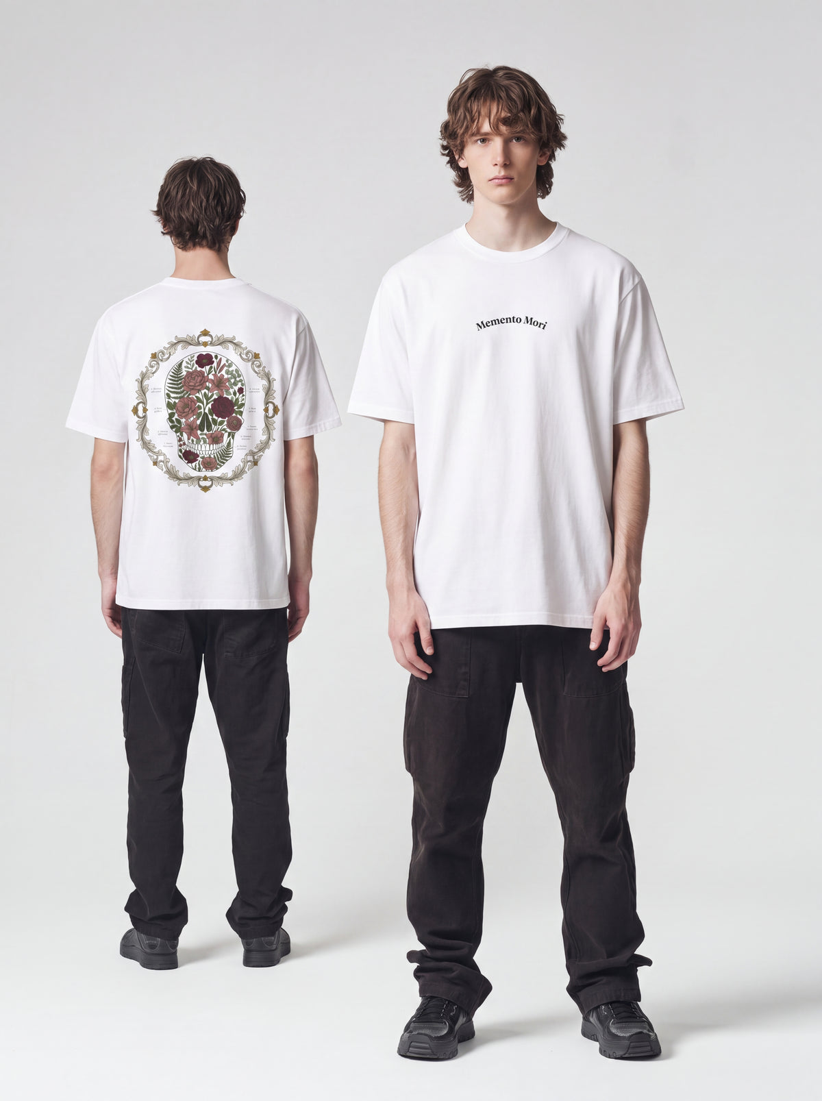Unisex Heavyweight 6.1 oz Cotton Boxy Fit T-Shirt featuring memento mori skull roses Graphic - Garment Detail Close-up View