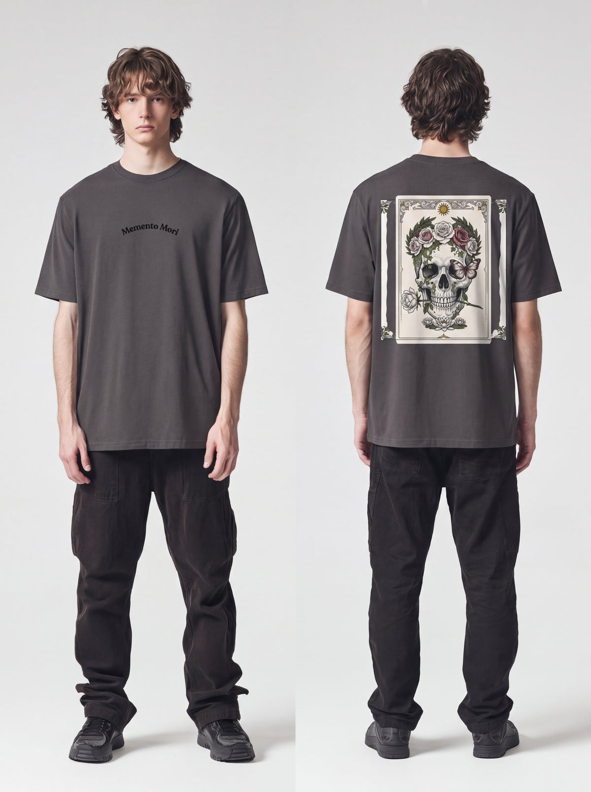 Unisex Heavyweight 6.1 oz Cotton Boxy Fit T-Shirt featuring memento mori skull roses Graphic - Garment Detail Close-up View