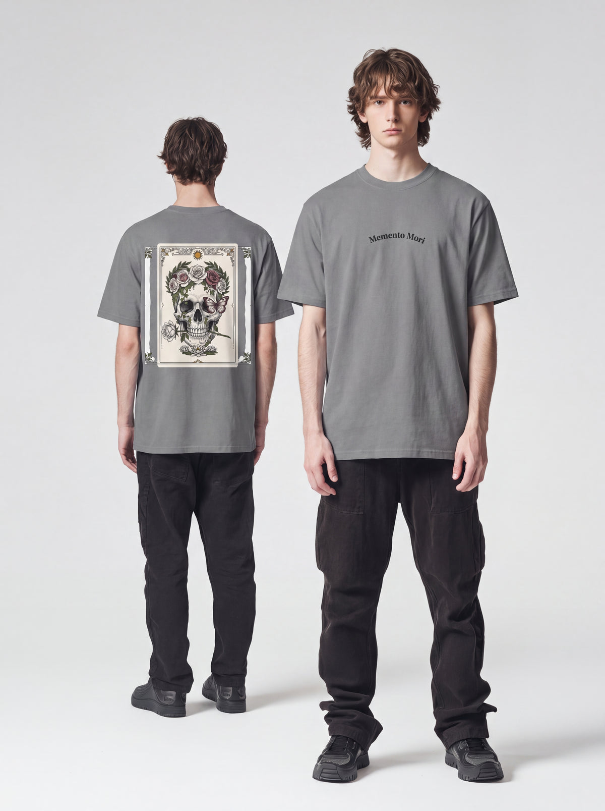 Unisex Heavyweight 6.1 oz Cotton Boxy Fit T-Shirt featuring memento mori skull roses Graphic - Garment Detail Close-up View