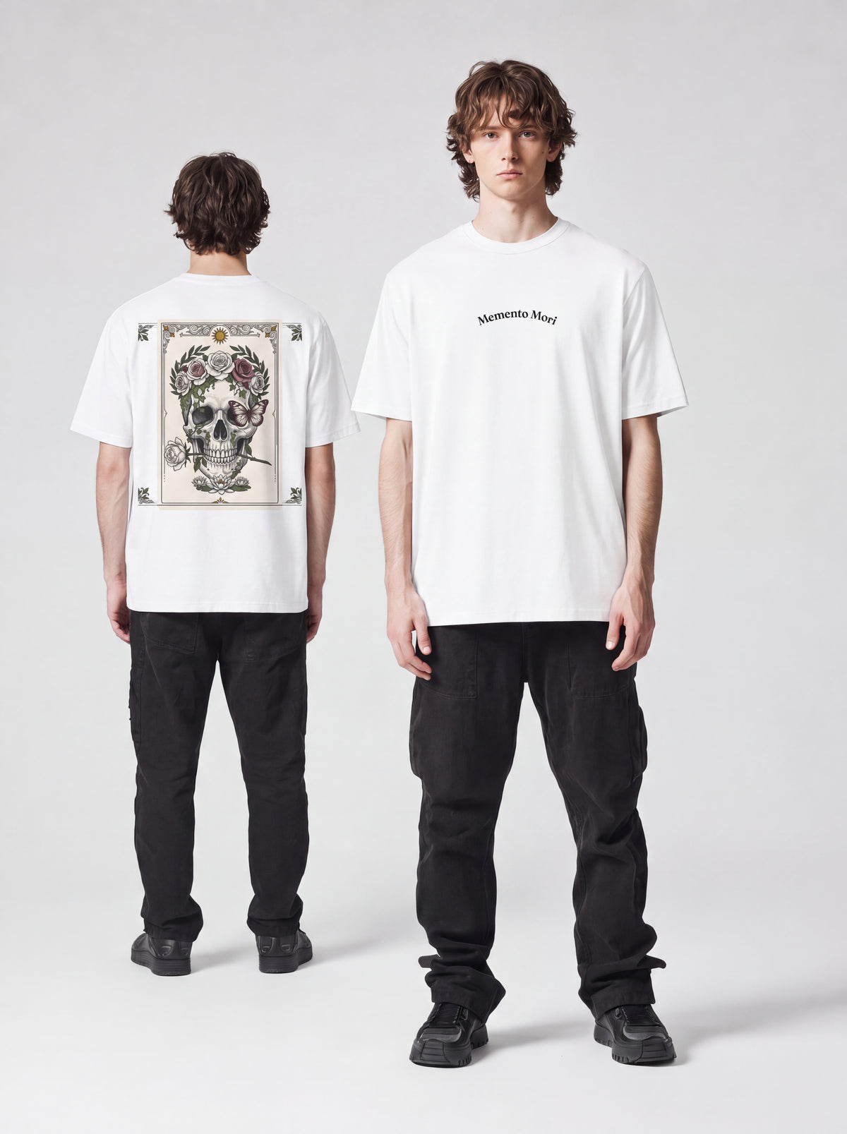 Unisex Heavyweight 6.1 oz Cotton Boxy Fit T-Shirt featuring memento mori skull roses Graphic - Garment Detail Close-up View