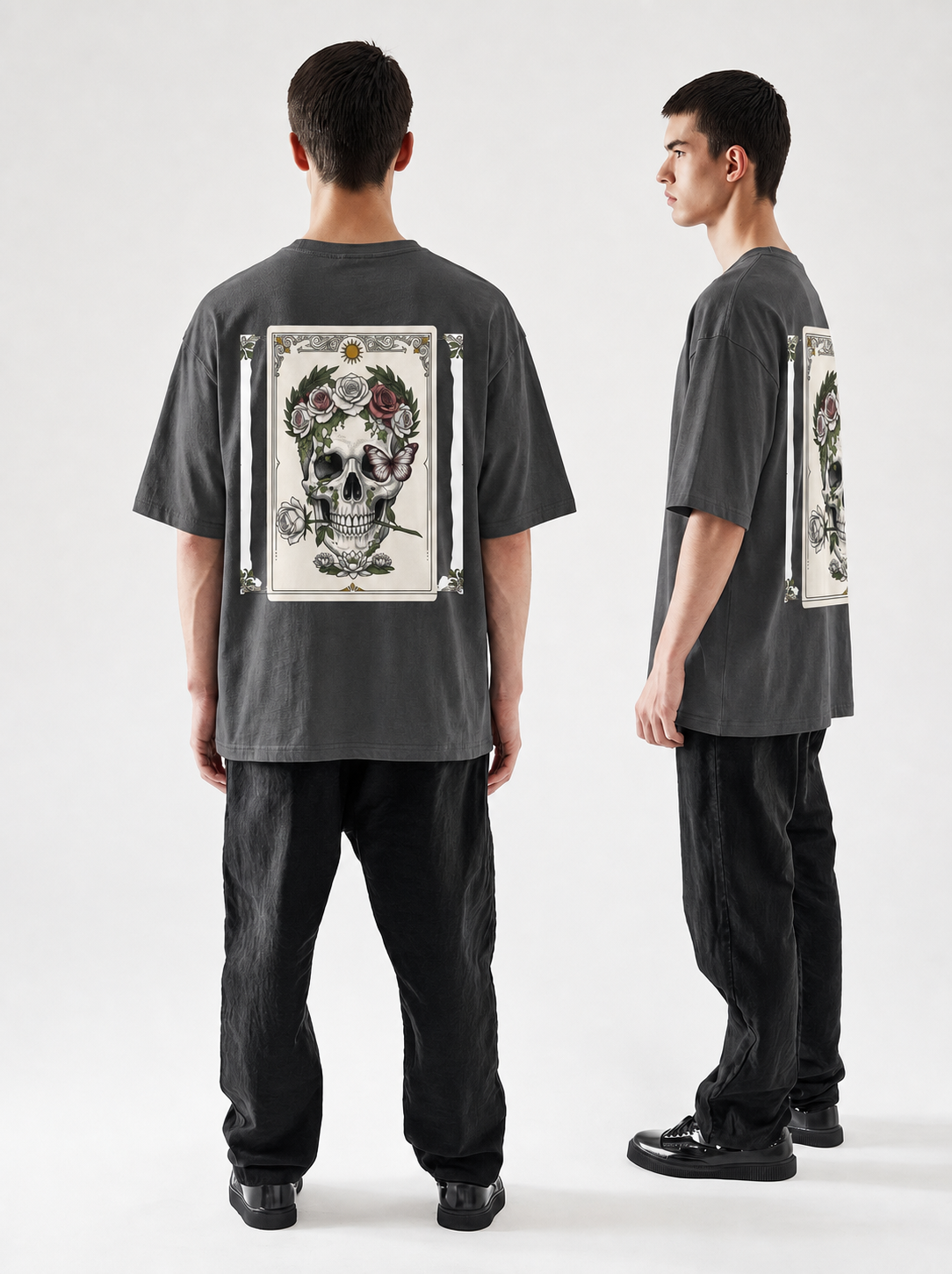 Unisex Heavyweight 6.1 oz Cotton Boxy Fit T-Shirt featuring memento mori skull roses Graphic - Garment Detail Close-up View