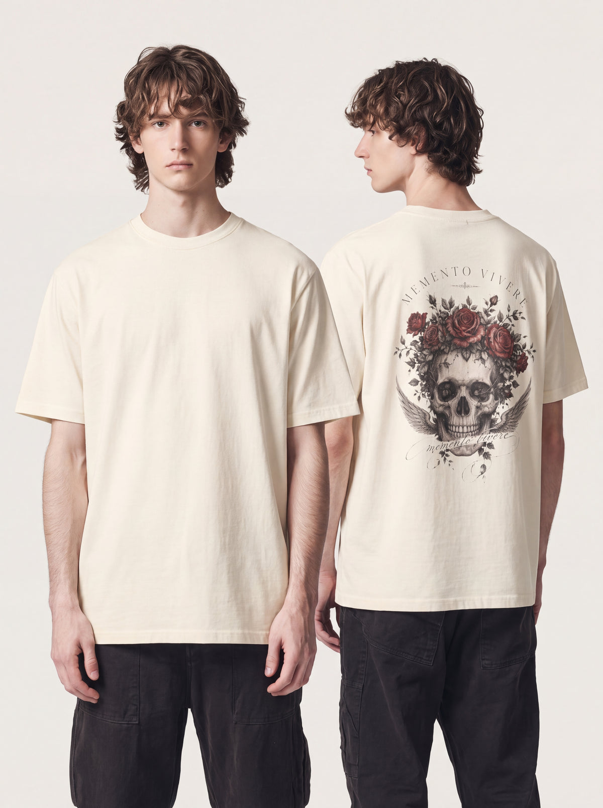Unisex Heavyweight 6.1 oz Cotton Boxy Fit T-Shirt featuring memento mori skull roses Graphic - Editorial Dual Male Model Lookbook Front and Back View