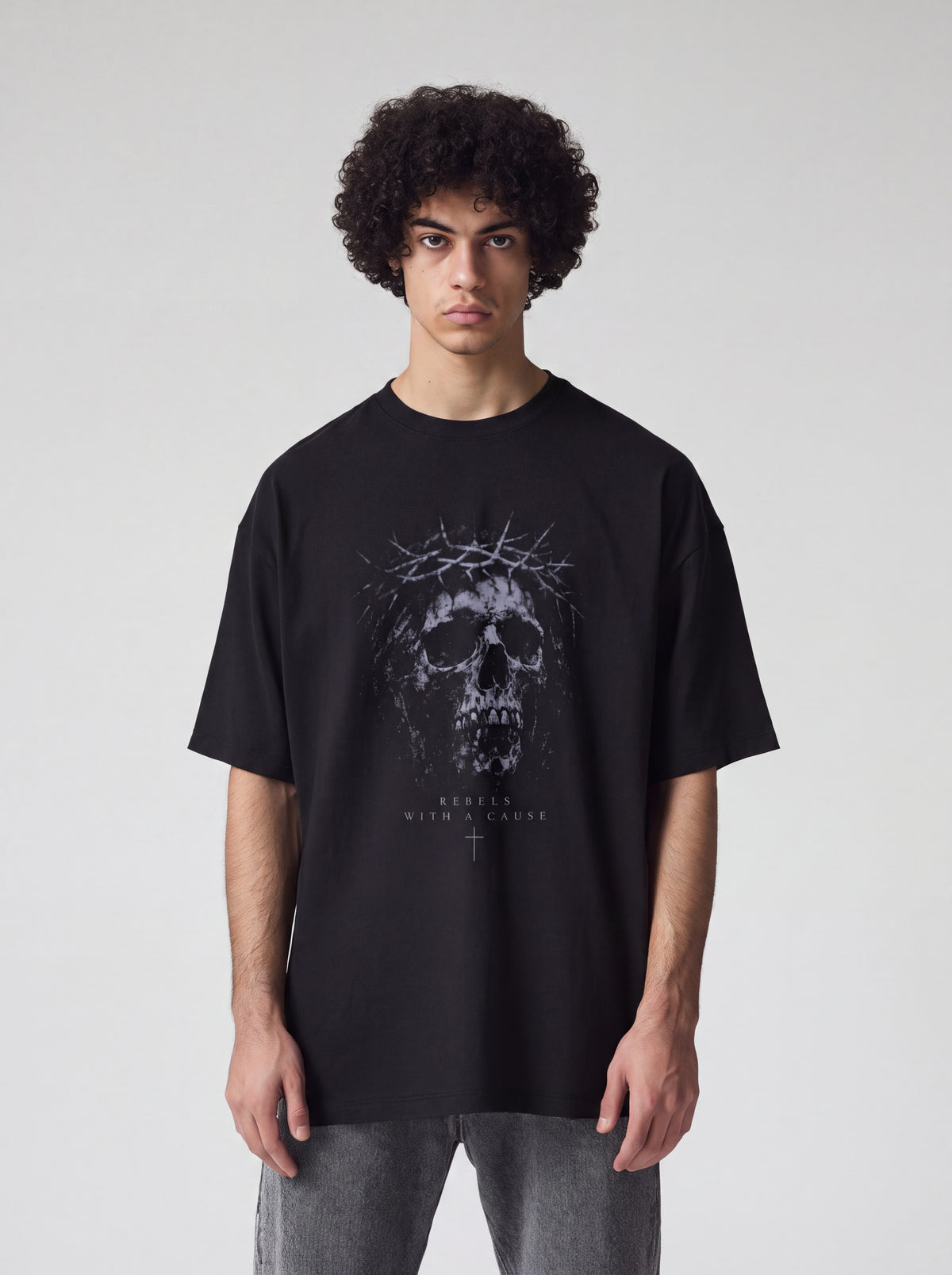 Unisex Heavyweight 6.1 oz Cotton Boxy Fit T-Shirt featuring memento mori skull roses Graphic - Editorial Dual Male Model Lookbook Front and Back View