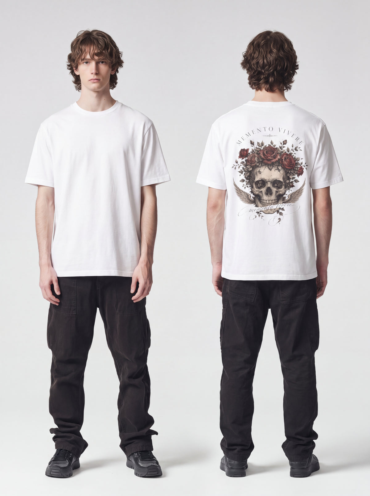 Unisex Heavyweight 6.1 oz Cotton Boxy Fit T-Shirt featuring memento mori skull roses Graphic - Editorial Dual Male Model Lookbook Front and Back View
