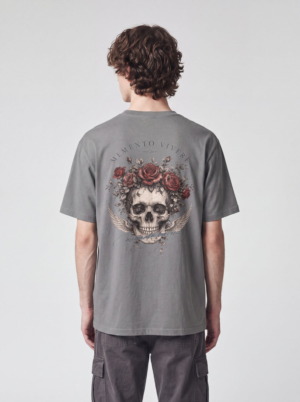 Unisex Heavyweight 6.1 oz Cotton Boxy Fit T-Shirt featuring memento mori skull roses Graphic - Editorial Dual Male Model Lookbook Front and Back View