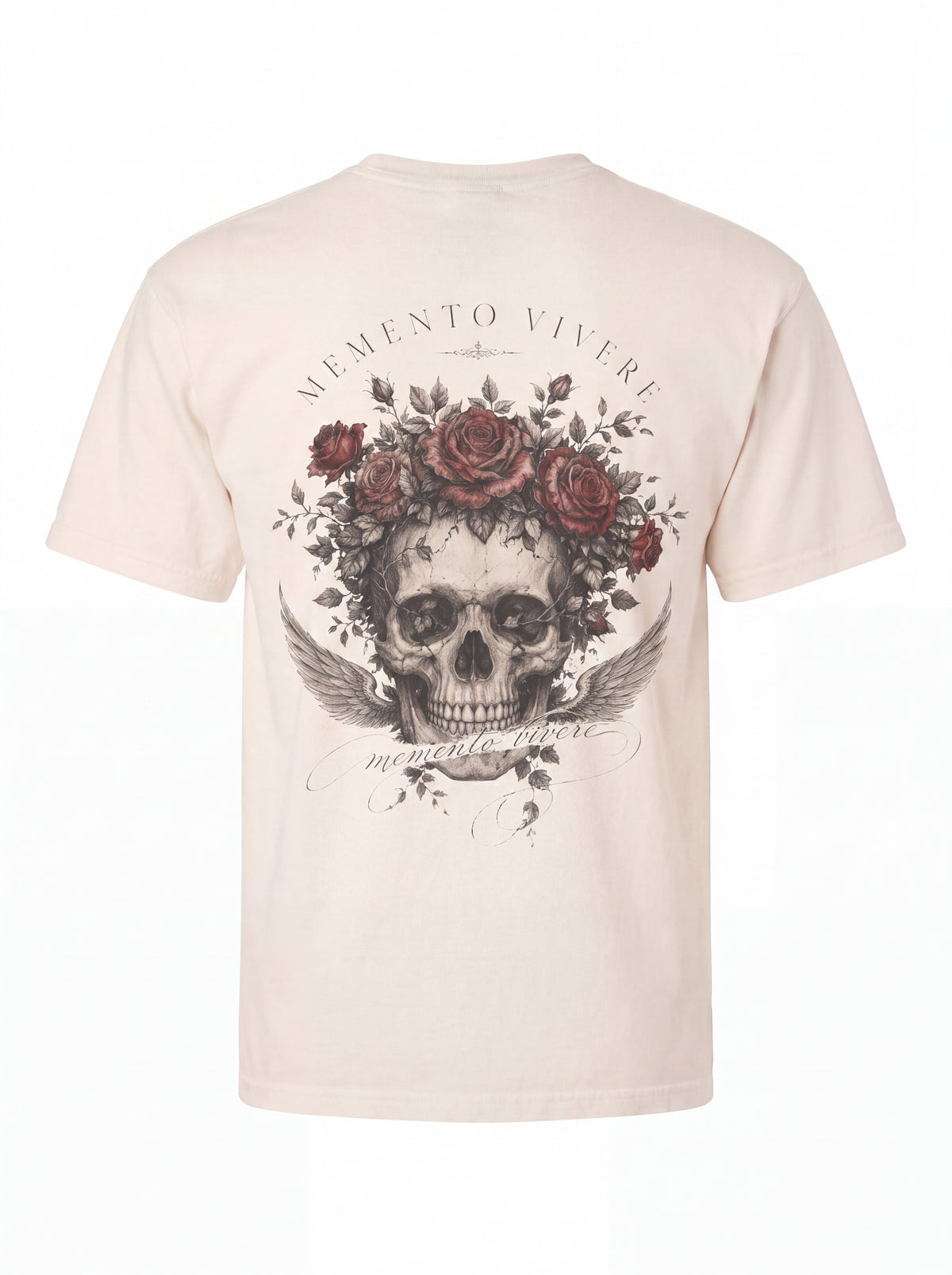 Unisex Heavyweight 6.1 oz Cotton Boxy Fit T-Shirt featuring memento mori skull roses Graphic - 3D Ghost Mannequin Back Print View