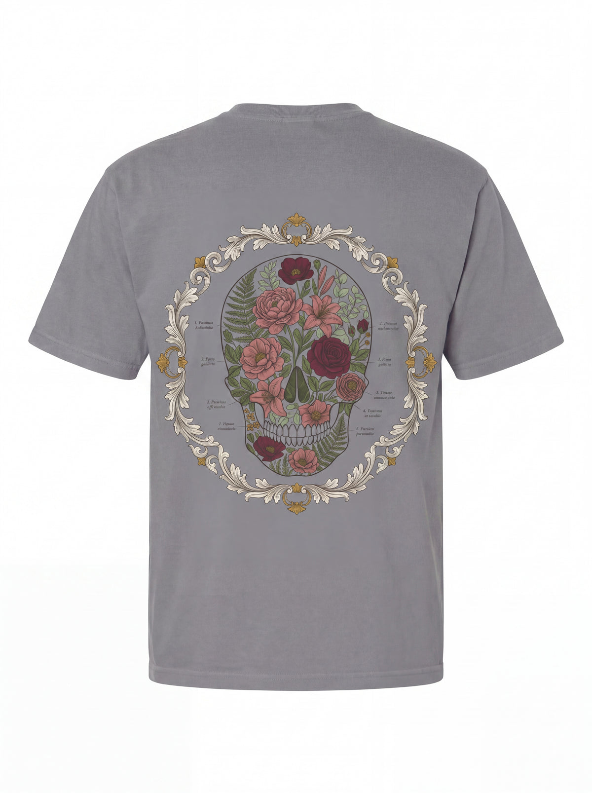 Unisex Heavyweight 6.1 oz Cotton Boxy Fit T-Shirt featuring memento mori skull roses Graphic - 3D Ghost Mannequin Back Print View