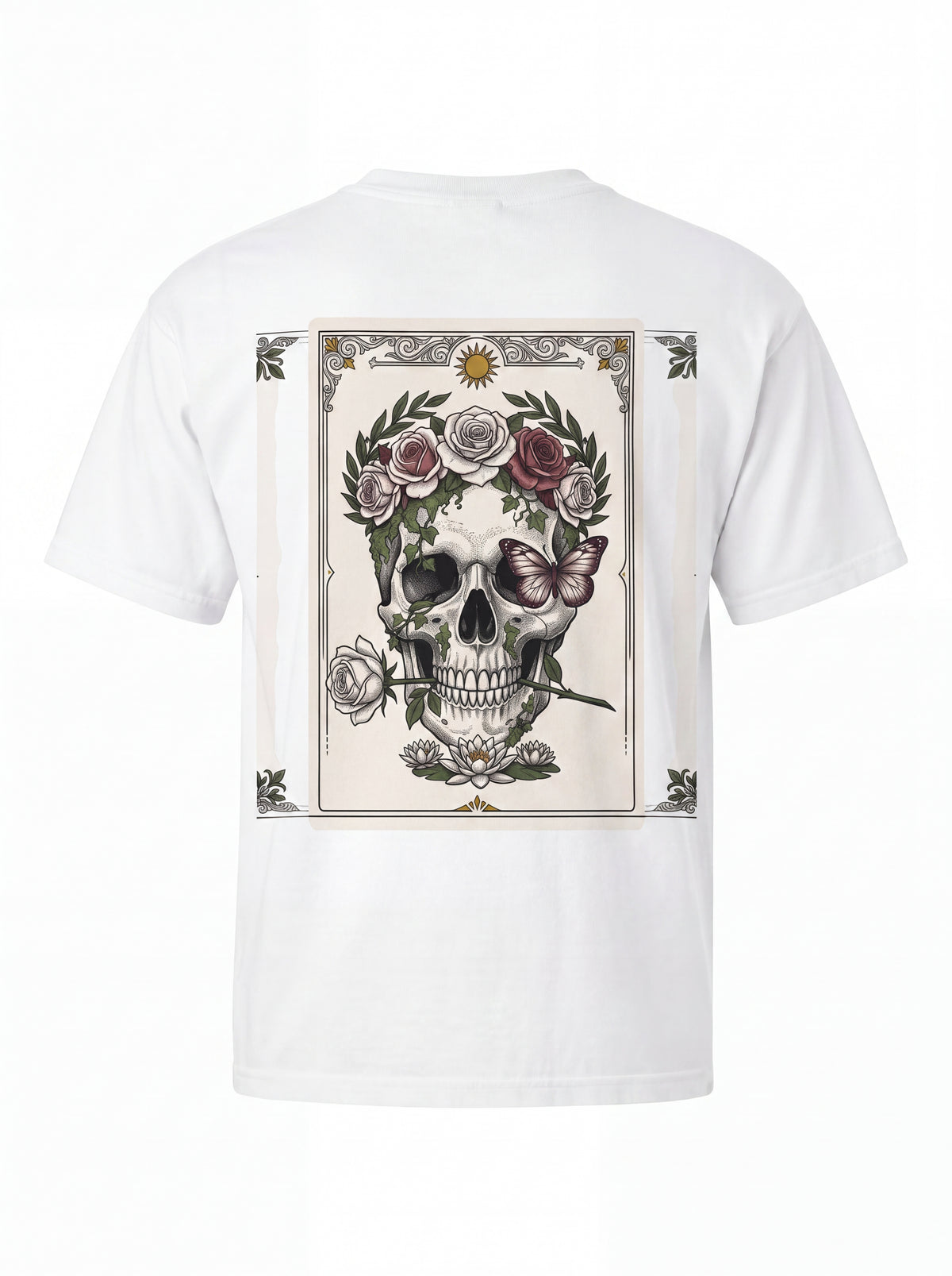 Unisex Heavyweight 6.1 oz Cotton Boxy Fit T-Shirt featuring memento mori skull roses Graphic - 3D Ghost Mannequin Back Print View
