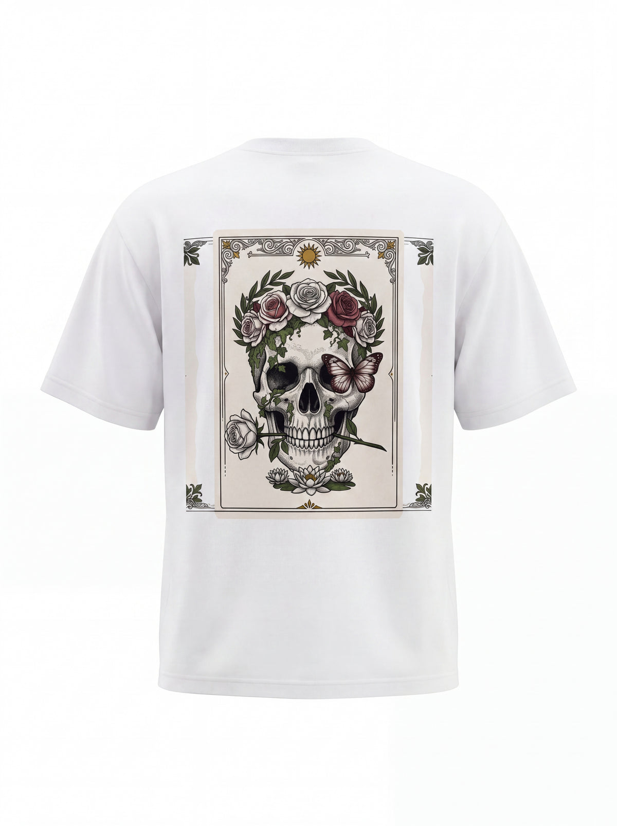Unisex Heavyweight 6.1 oz Cotton Boxy Fit T-Shirt featuring memento mori skull roses Graphic - 3D Ghost Mannequin Back Print View