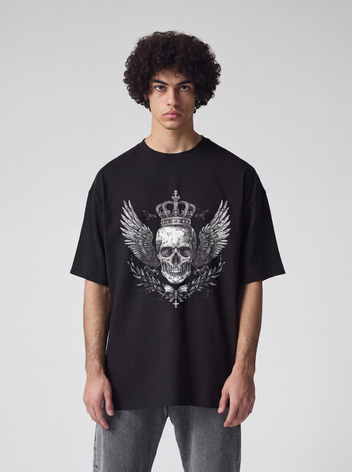 Unisex Heavyweight 6.1 oz Cotton Boxy Fit T-Shirt featuring crowned winged skull Graphic - Garment Detail Close-up View