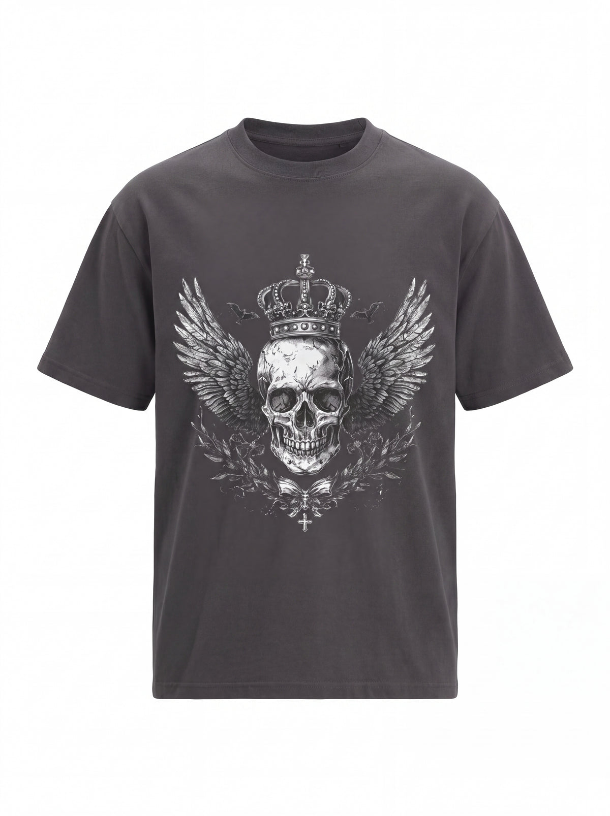 Unisex Heavyweight 6.1 oz Cotton Boxy Fit T-Shirt featuring crowned winged skull Graphic - 3D Ghost Mannequin Front View