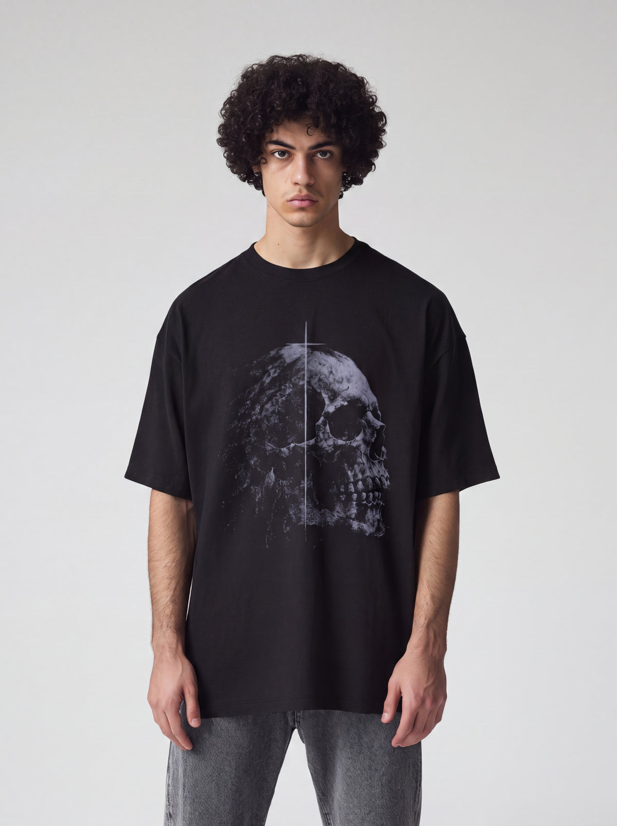 Unisex Heavyweight 6.1 oz Cotton Boxy Fit T-Shirt featuring distressed skull cross Graphic - Editorial Dual Male Model Lookbook Front and Back View