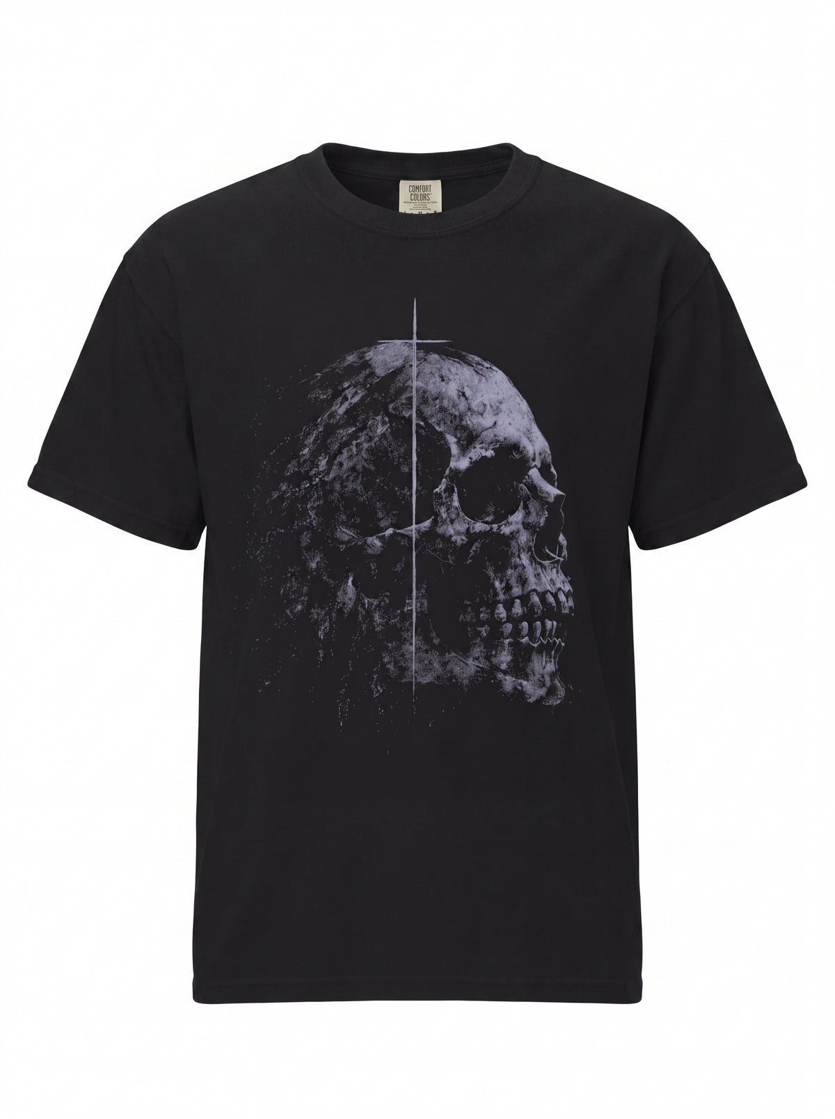 Unisex Heavyweight 6.1 oz Cotton Boxy Fit T-Shirt featuring distressed skull cross Graphic - 3D Ghost Mannequin Front View