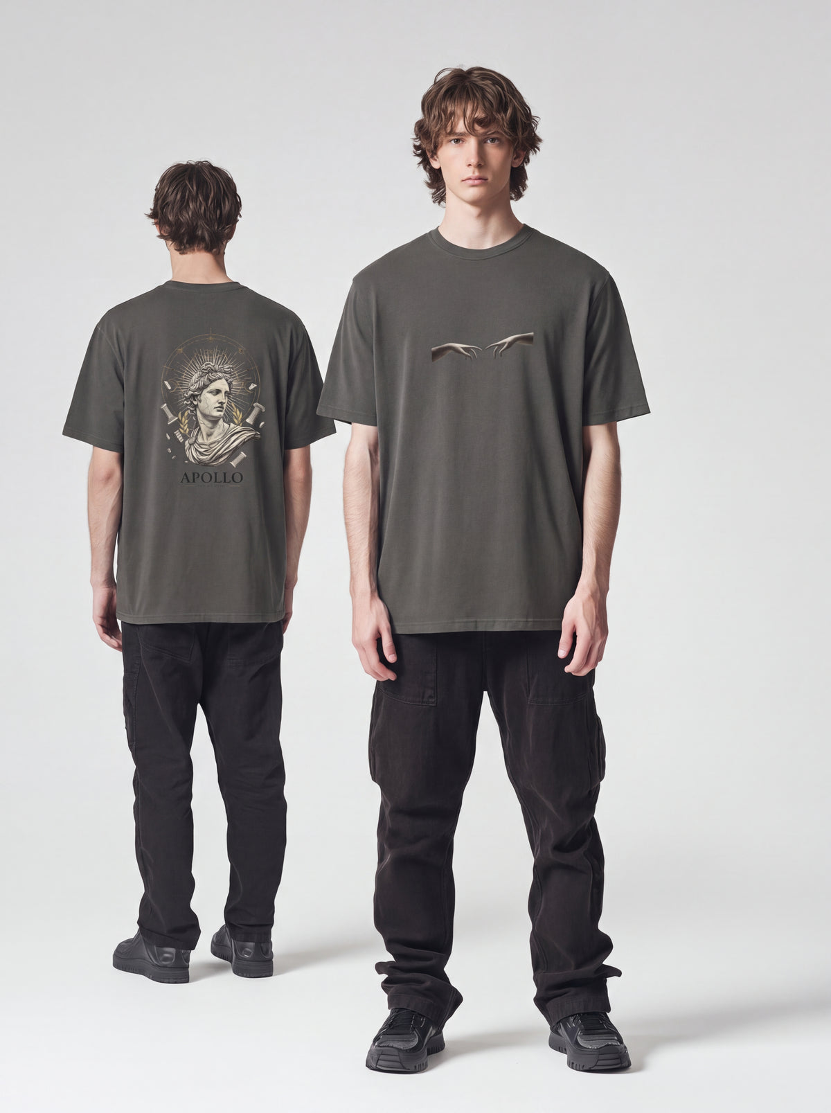 Unisex Heavyweight 6.1 oz Cotton Boxy Fit T-Shirt featuring apollo god sunburst Graphic - Editorial Dual Male Model Lookbook Front and Back View