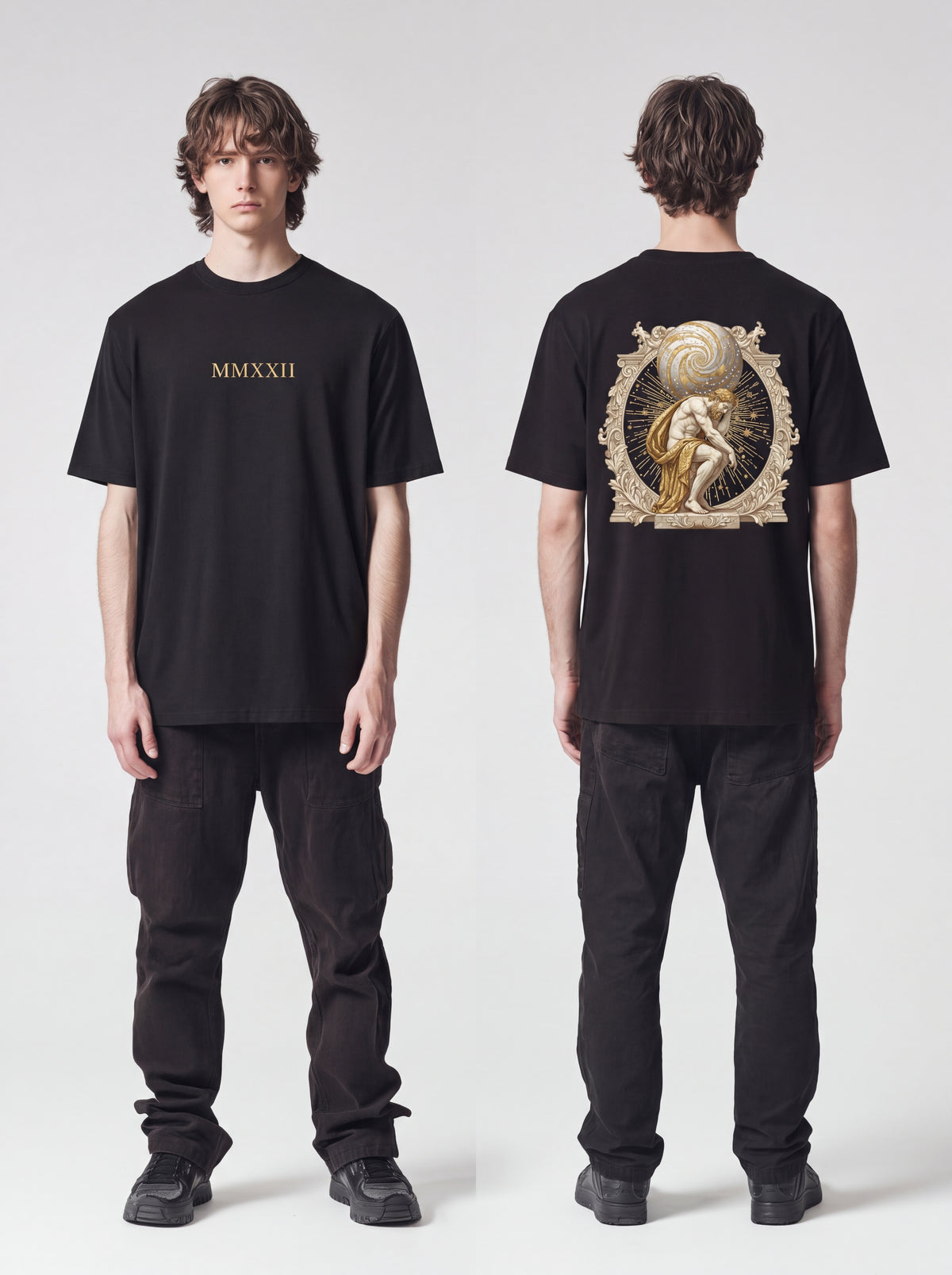 Unisex Heavyweight 6.1 oz Cotton Boxy Fit T-Shirt featuring atlas titan celestial sphere Graphic - Editorial Dual Male Model Lookbook Front and Back View