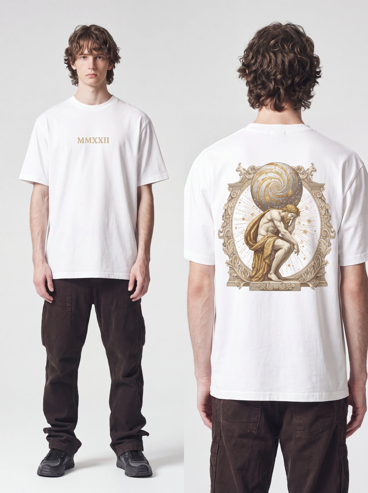 Unisex Heavyweight 6.1 oz Cotton Boxy Fit T-Shirt featuring atlas titan celestial sphere Graphic - Editorial Dual Male Model Lookbook Front and Back View