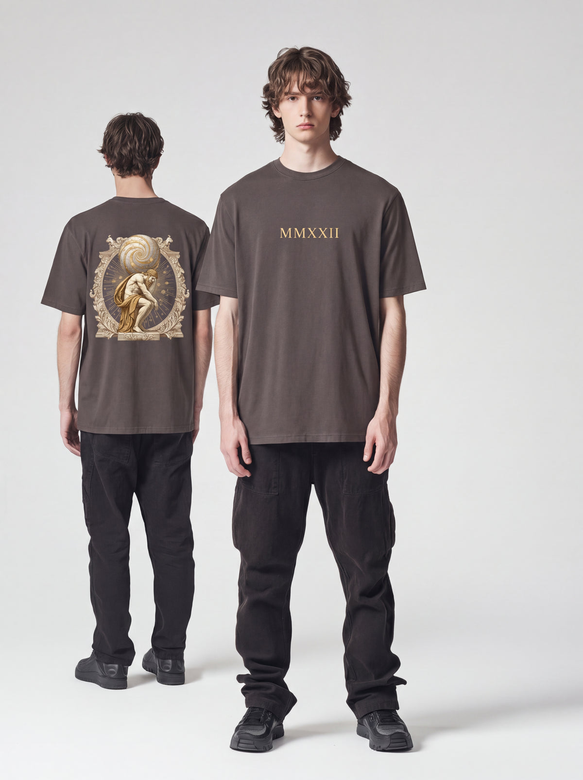 Unisex Heavyweight 6.1 oz Cotton Boxy Fit T-Shirt featuring atlas titan celestial sphere Graphic - Editorial Dual Male Model Lookbook Front and Back View