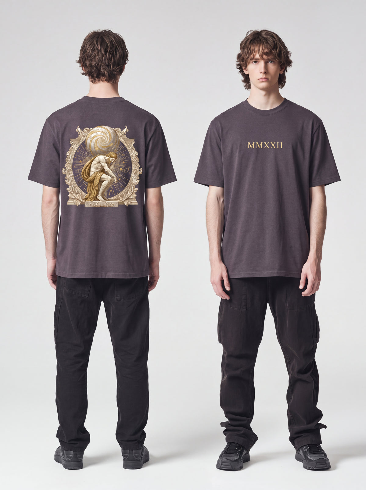 Unisex Heavyweight 6.1 oz Cotton Boxy Fit T-Shirt featuring atlas titan celestial sphere Graphic - Editorial Dual Male Model Lookbook Front and Back View