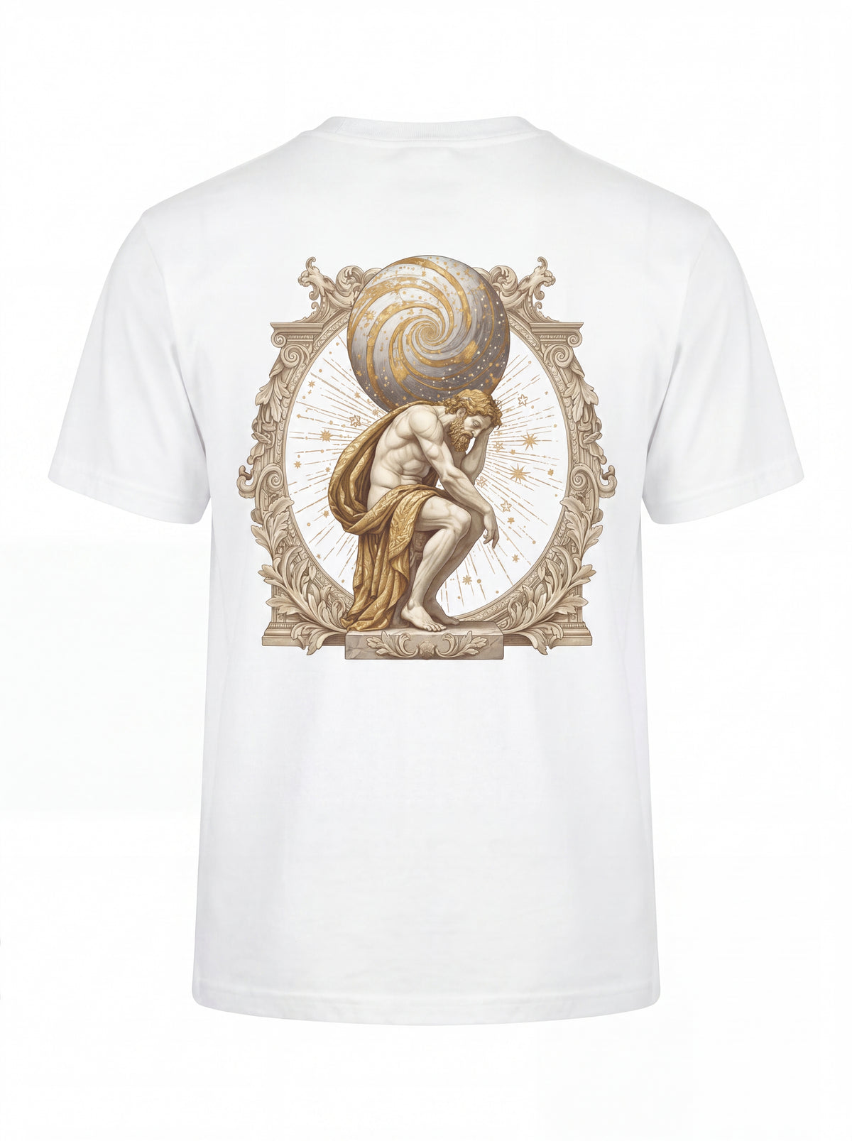 Unisex Heavyweight 6.1 oz Cotton Boxy Fit T-Shirt featuring atlas titan celestial sphere Graphic - 3D Ghost Mannequin Back Print View