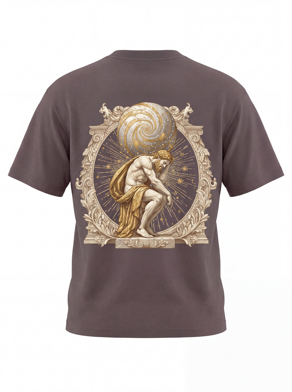 Unisex Heavyweight 6.1 oz Cotton Boxy Fit T-Shirt featuring atlas titan celestial sphere Graphic - 3D Ghost Mannequin Back Print View