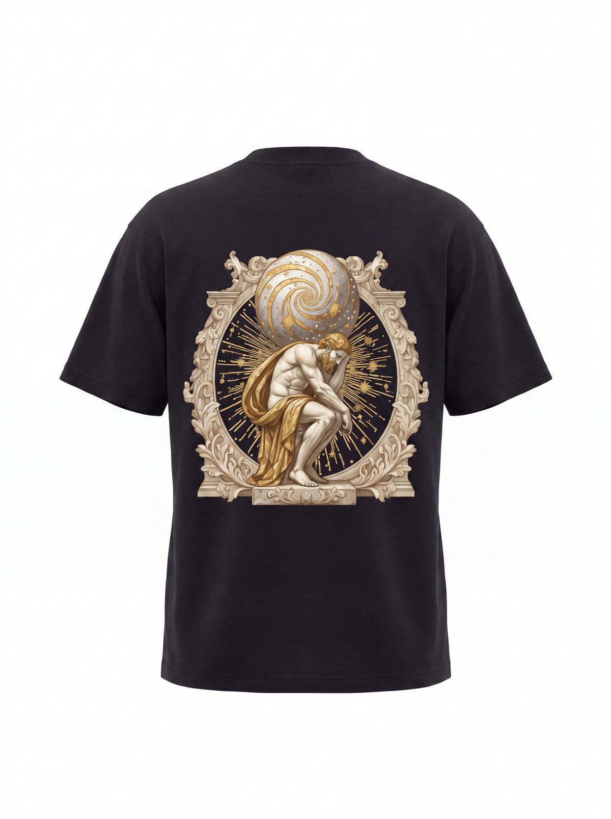 Unisex Heavyweight 6.1 oz Cotton Boxy Fit T-Shirt featuring atlas titan celestial sphere Graphic - 3D Ghost Mannequin Back Print View