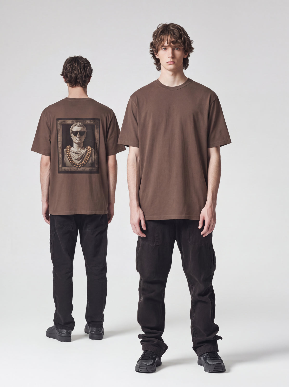 Unisex Heavyweight 6.1 oz Cotton Boxy Fit T-Shirt featuring roman bust cuban gold chain Graphic - Editorial Dual Male Model Lookbook Front and Back View