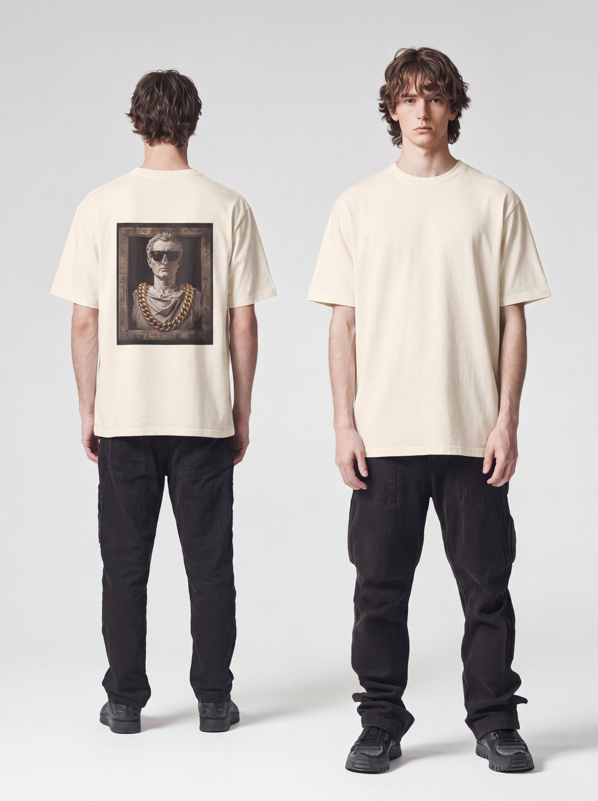 Unisex Heavyweight 6.1 oz Cotton Boxy Fit T-Shirt featuring roman bust cuban gold chain Graphic - Editorial Dual Male Model Lookbook Front and Back View