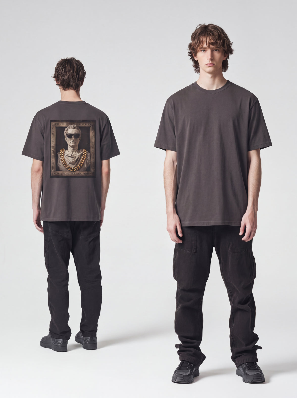 Unisex Heavyweight 6.1 oz Cotton Boxy Fit T-Shirt featuring roman bust cuban gold chain Graphic - Editorial Dual Male Model Lookbook Front and Back View