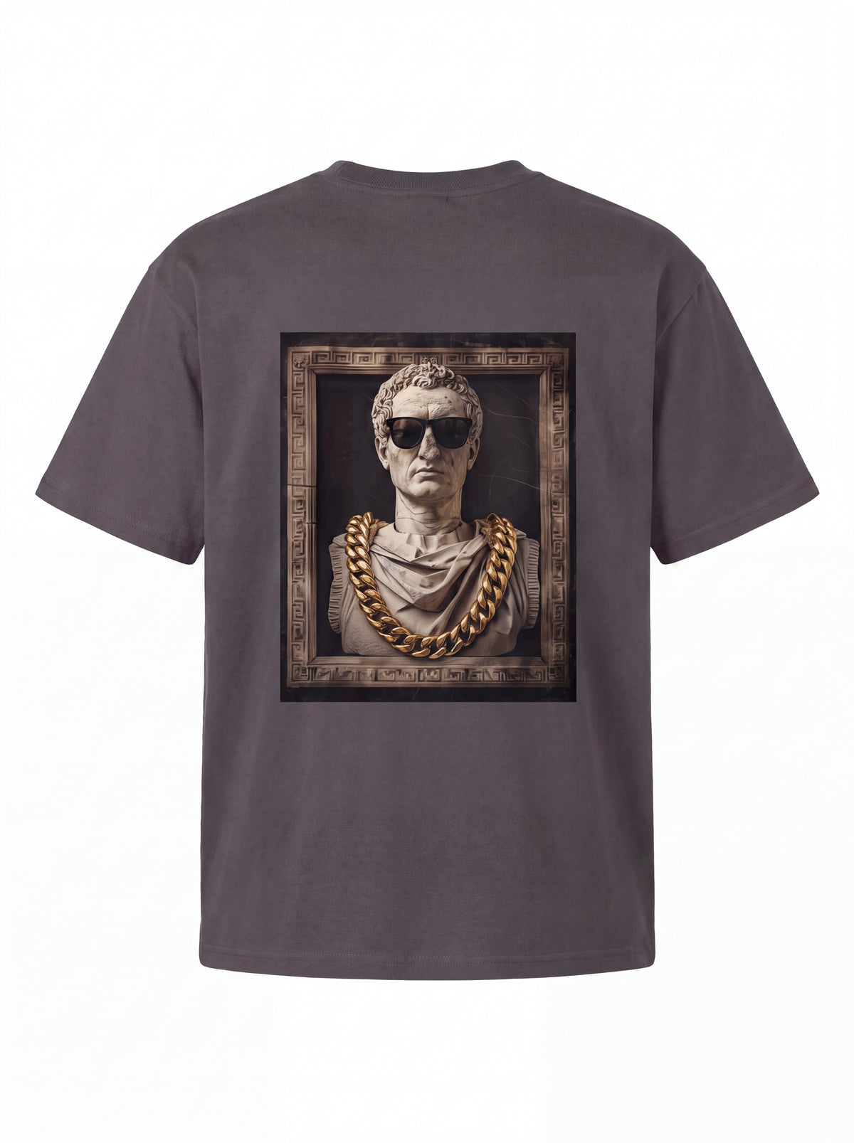 Unisex Heavyweight 6.1 oz Cotton Boxy Fit T-Shirt featuring roman bust cuban gold chain Graphic - 3D Ghost Mannequin Back Print View