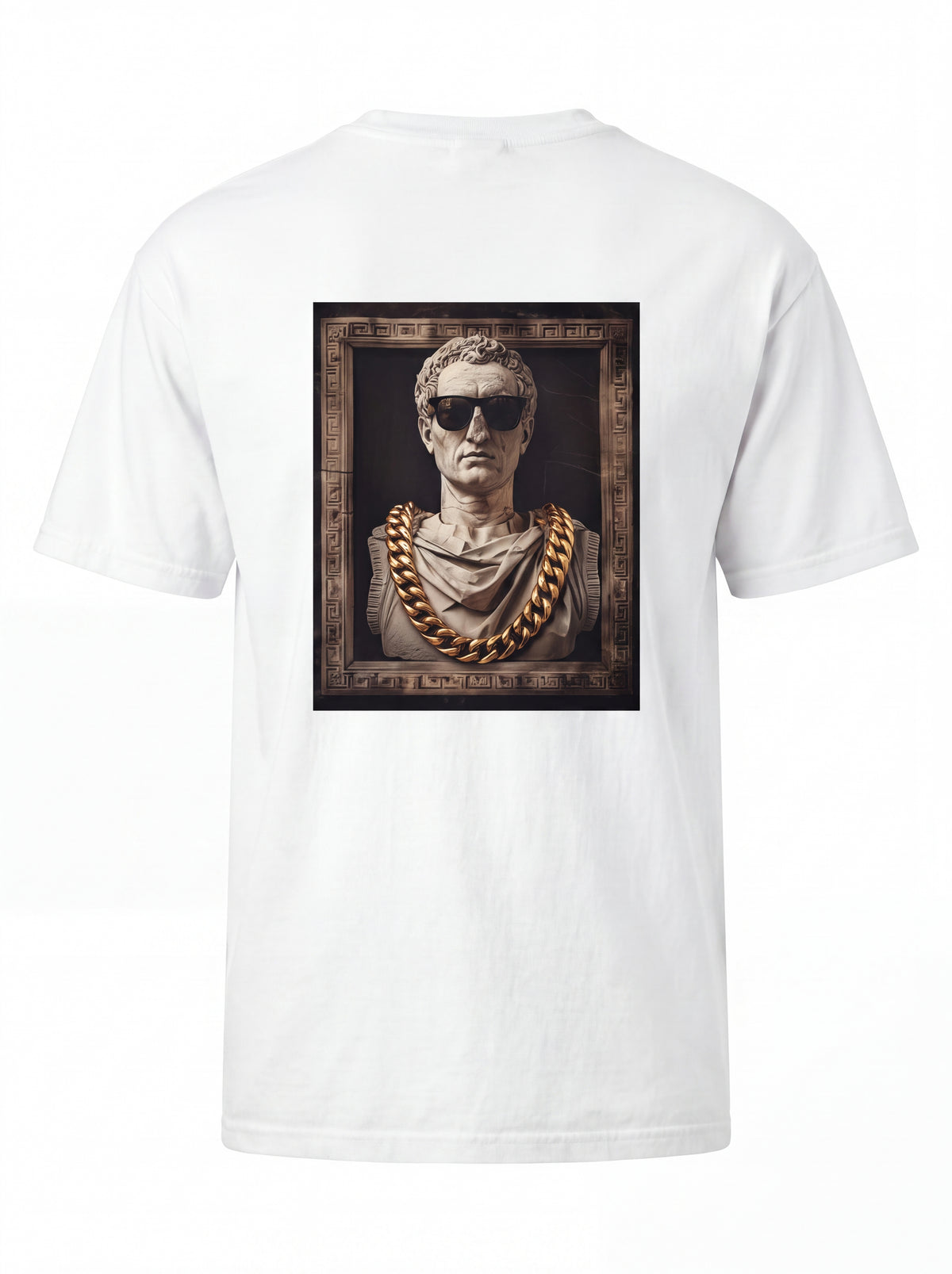 Unisex Heavyweight 6.1 oz Cotton Boxy Fit T-Shirt featuring roman bust cuban gold chain Graphic - 3D Ghost Mannequin Back Print View