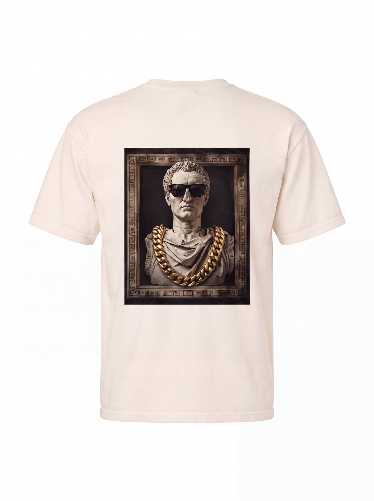 Unisex Heavyweight 6.1 oz Cotton Boxy Fit T-Shirt featuring roman bust cuban gold chain Graphic - 3D Ghost Mannequin Back Print View