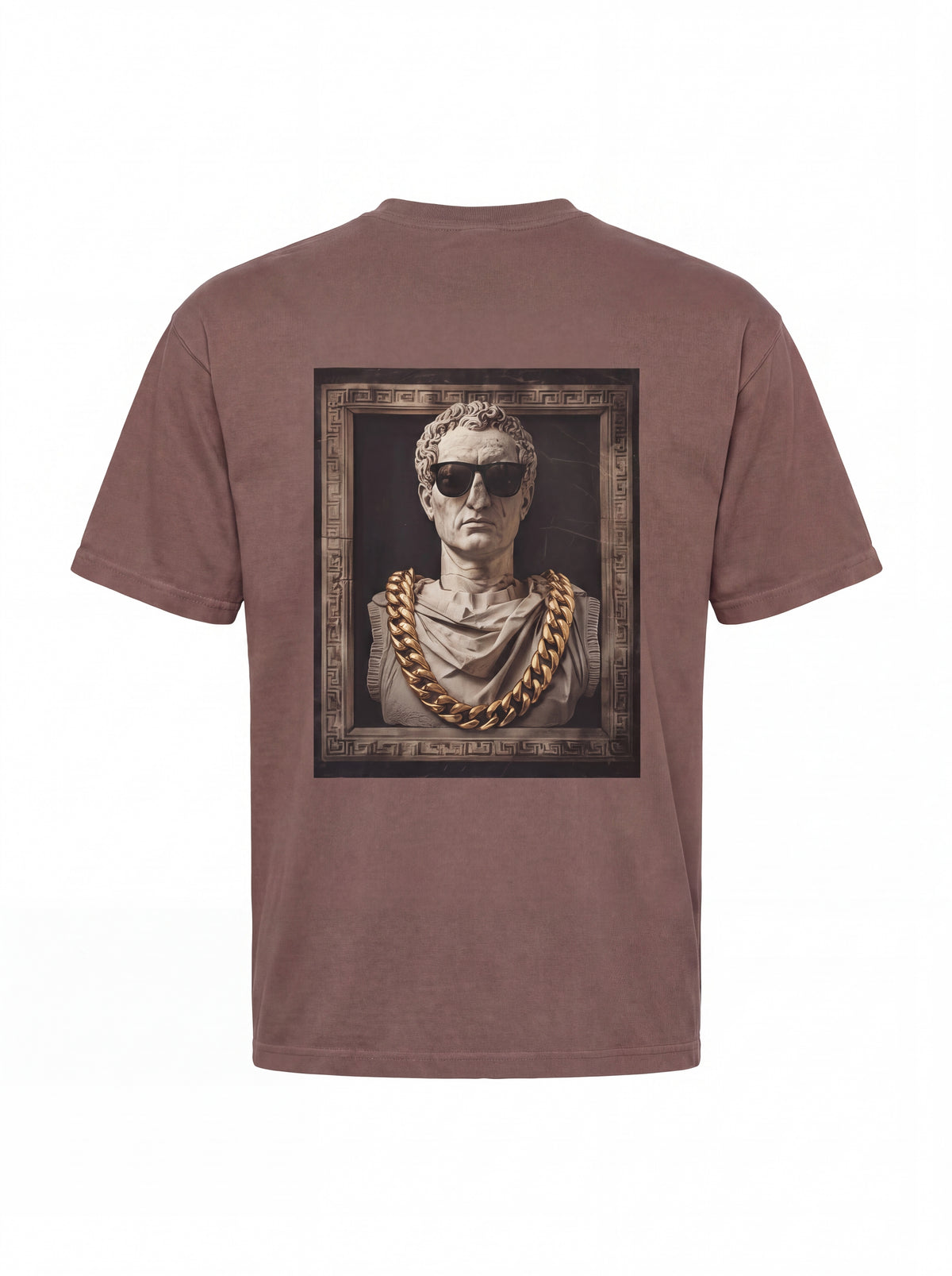 Unisex Heavyweight 6.1 oz Cotton Boxy Fit T-Shirt featuring roman bust cuban gold chain Graphic - 3D Ghost Mannequin Back Print View