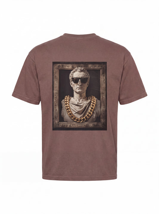 Unisex Heavyweight 6.1 oz Cotton Boxy Fit T-Shirt featuring roman bust cuban gold chain Graphic - 3D Ghost Mannequin Back Print View