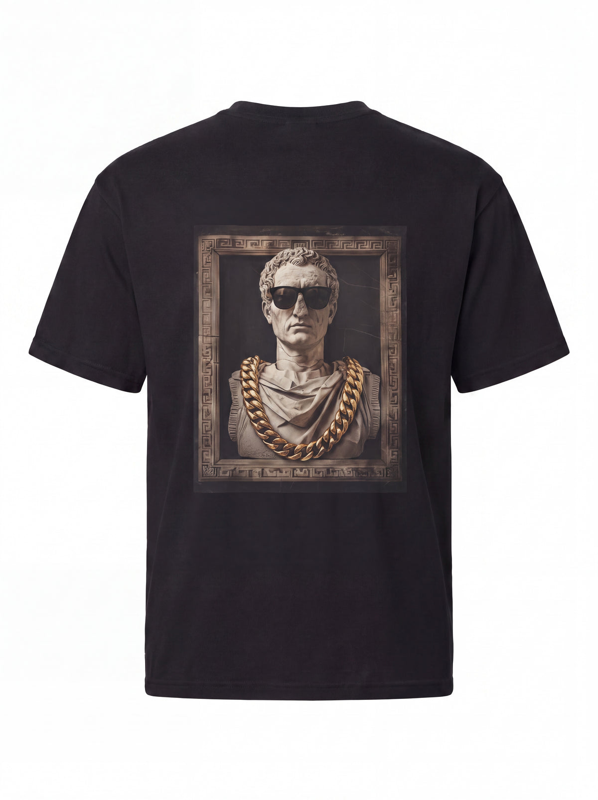 Unisex Heavyweight 6.1 oz Cotton Boxy Fit T-Shirt featuring roman bust cuban gold chain Graphic - 3D Ghost Mannequin Back Print View