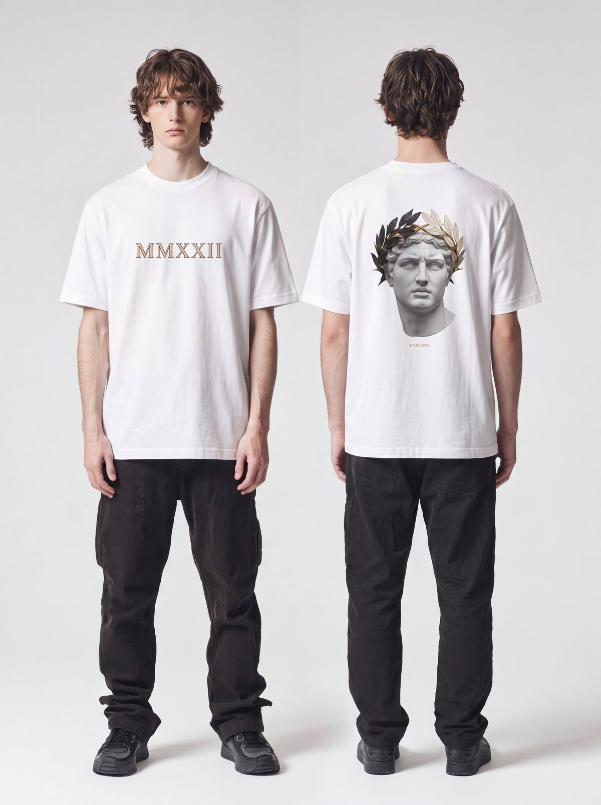 Roman Bust Tee — Laurel Crown Classical Statue Back Print