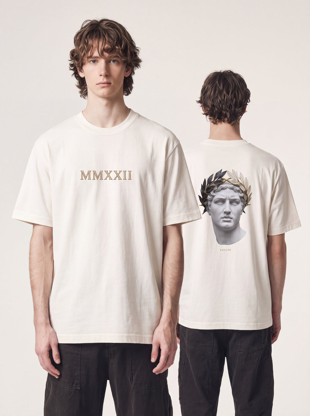 Roman Bust Tee — Laurel Crown Classical Statue Back Print