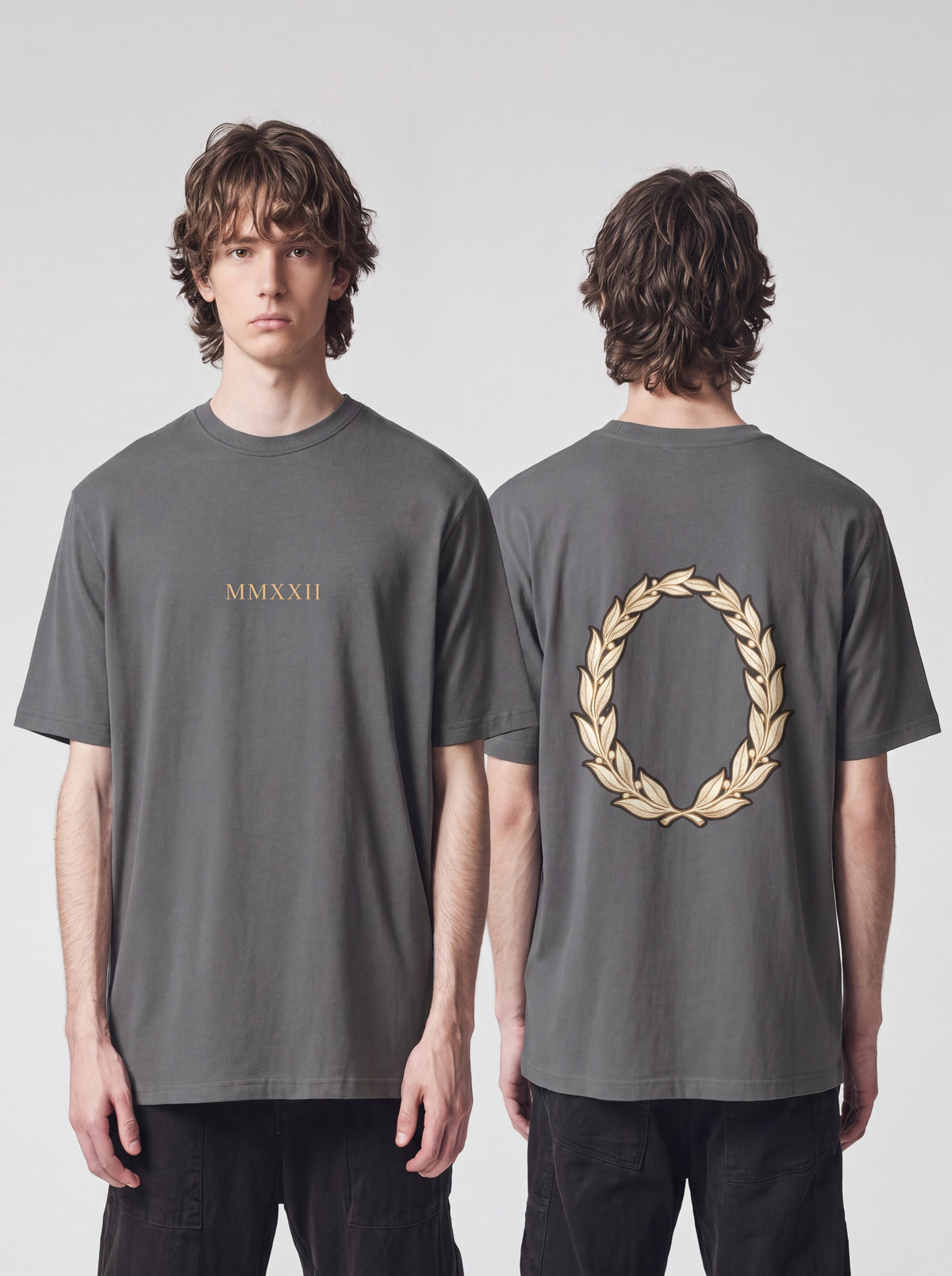 Gold Laurel Wreath Tee — Classical Emblem Back Print Shirt