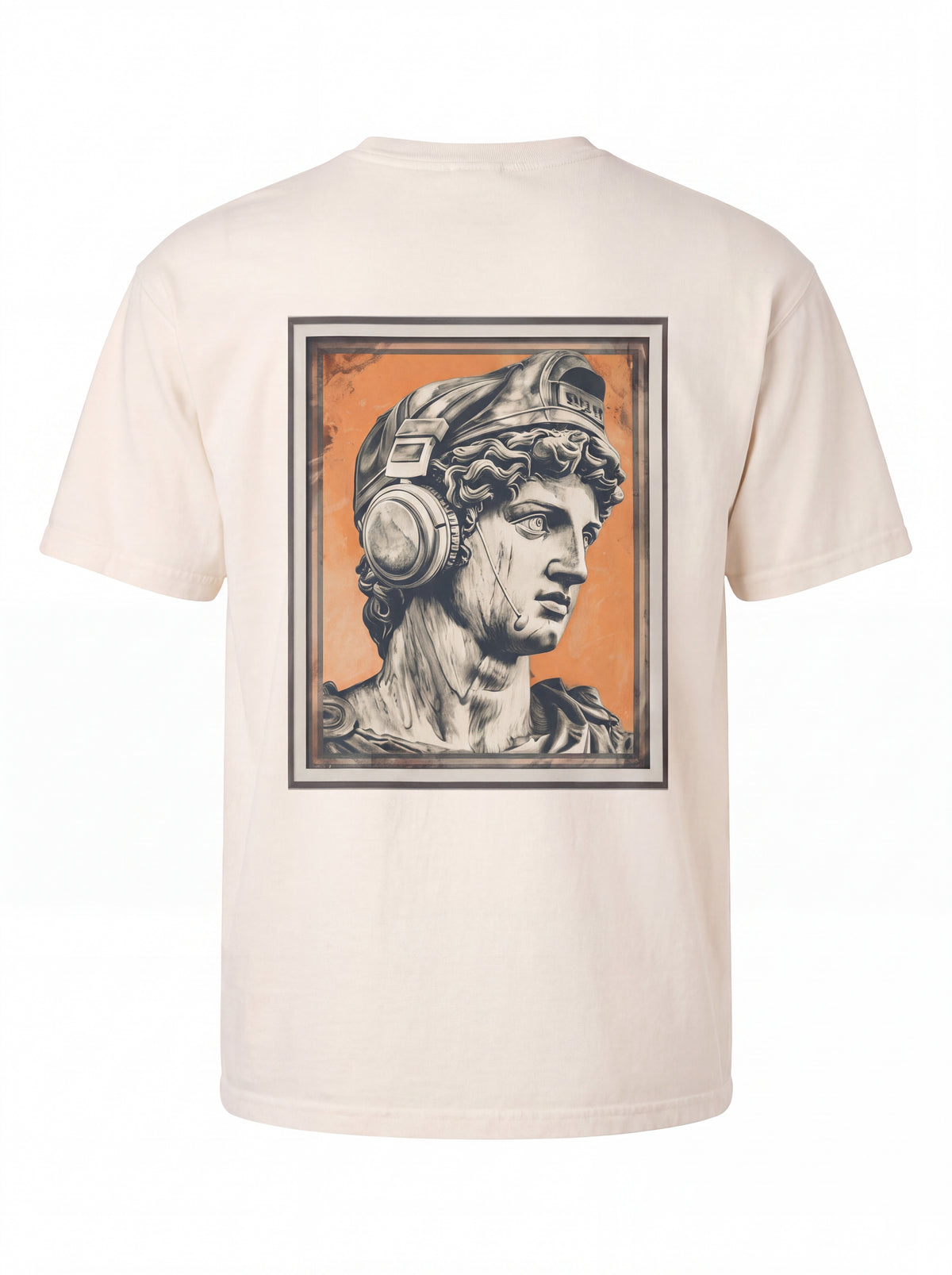 Classical Statue Head Graphic T-Shirt — Retro Orange Framed Art Tee
