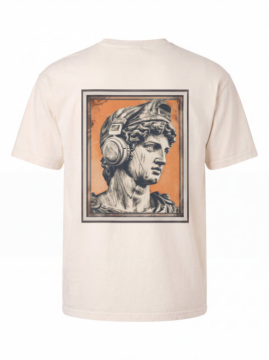 Classical Statue Head Graphic T-Shirt — Retro Orange Framed Art Tee