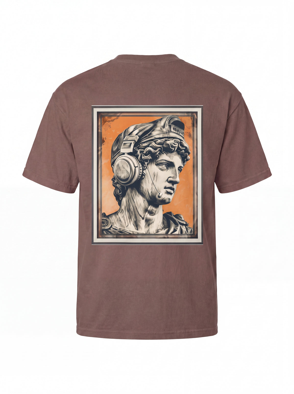 Classical Statue Head Graphic T-Shirt — Retro Orange Framed Art Tee