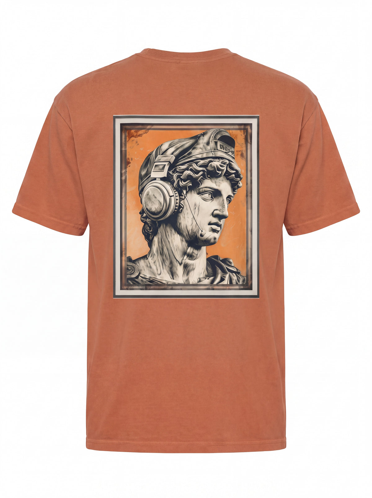 Classical Statue Head Graphic T-Shirt — Retro Orange Framed Art Tee