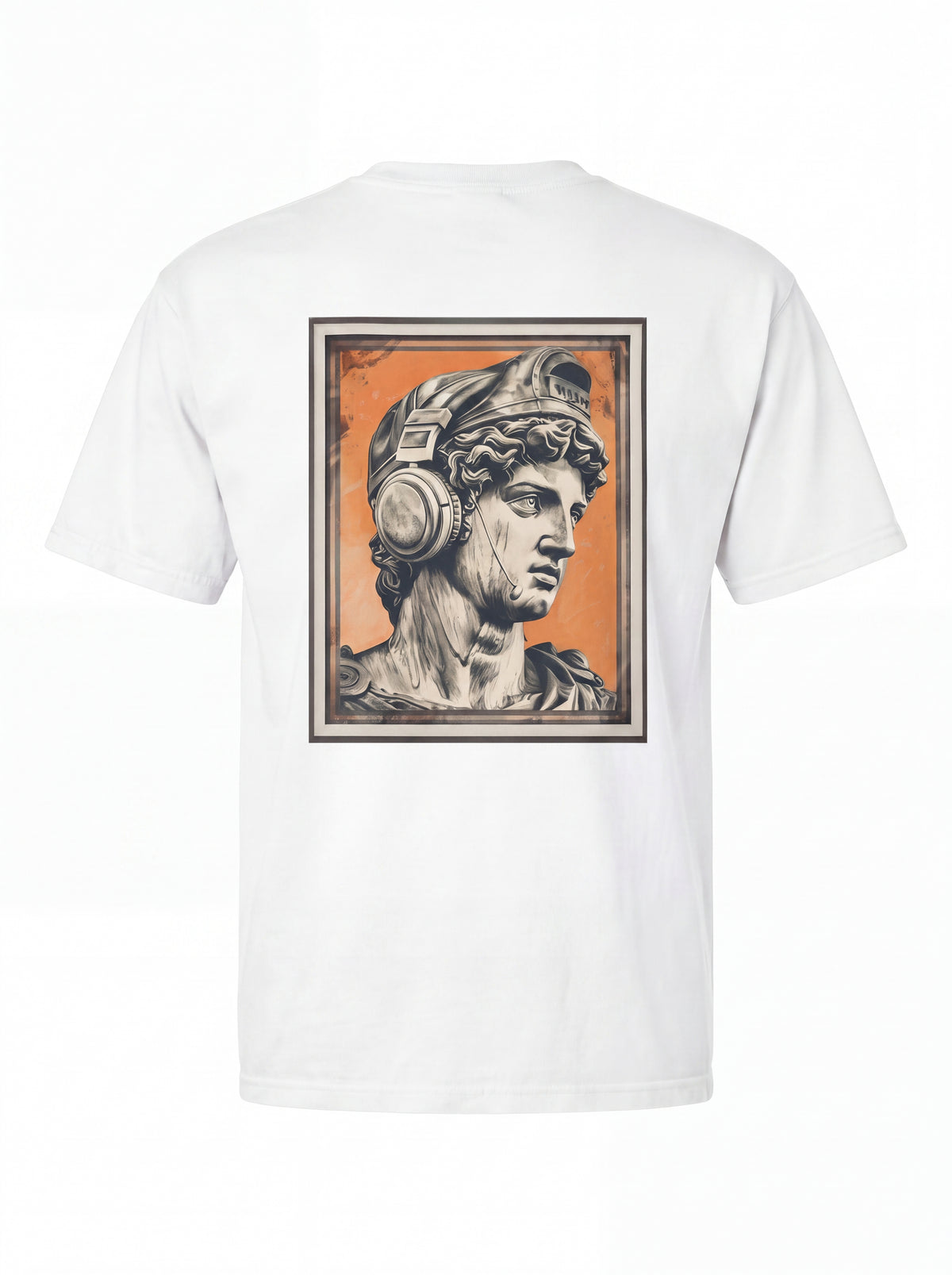 Classical Statue Head Graphic T-Shirt — Retro Orange Framed Art Tee