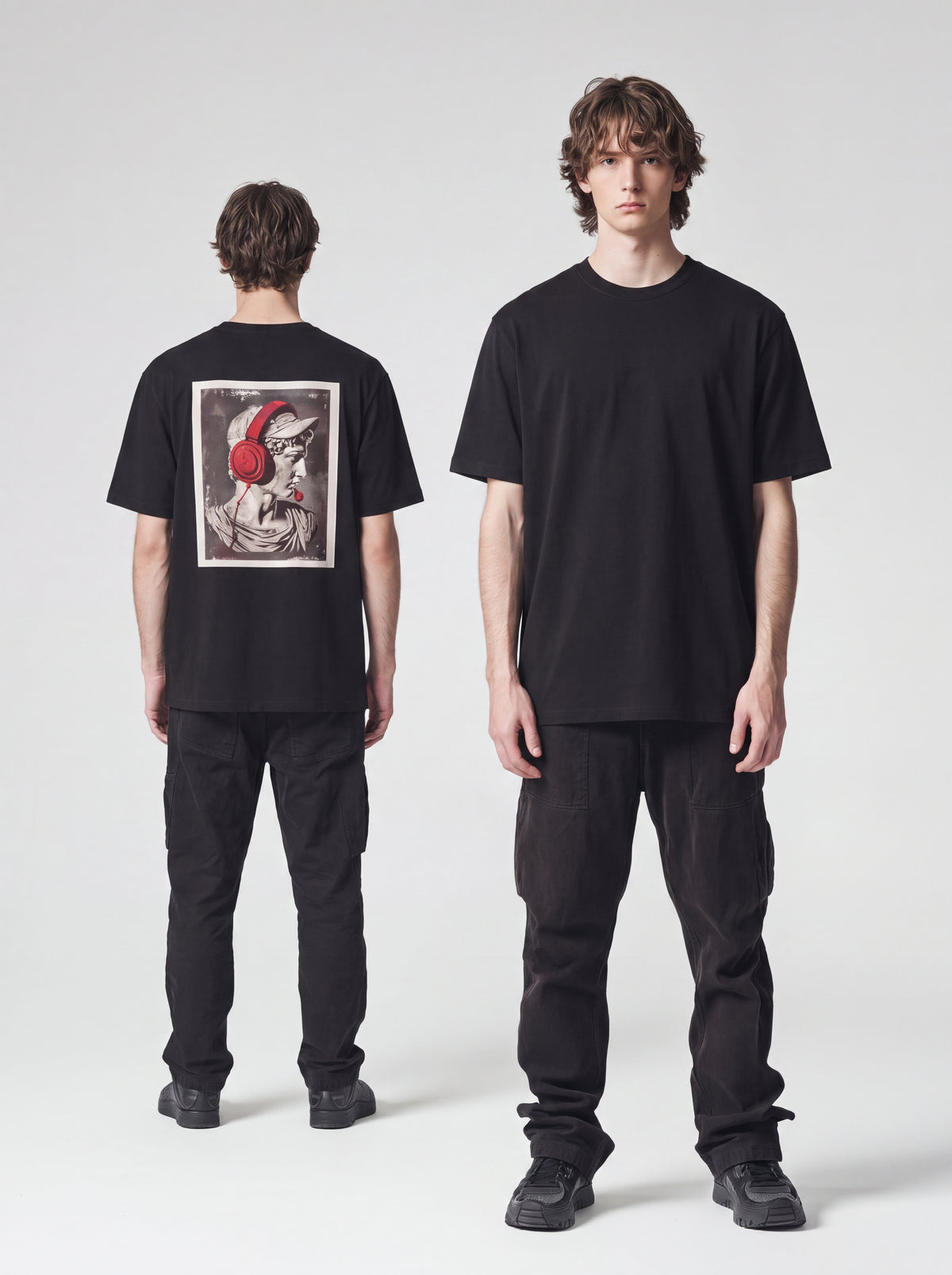 Unisex Heavyweight 6.1 oz Cotton Boxy Fit T-Shirt featuring classical statue with headphones Graphic - Editorial Dual Male Model Lookbook Front and Back View