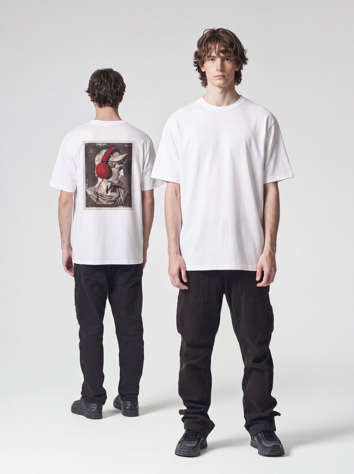Unisex Heavyweight 6.1 oz Cotton Boxy Fit T-Shirt featuring classical statue with headphones Graphic - Editorial Dual Male Model Lookbook Front and Back View